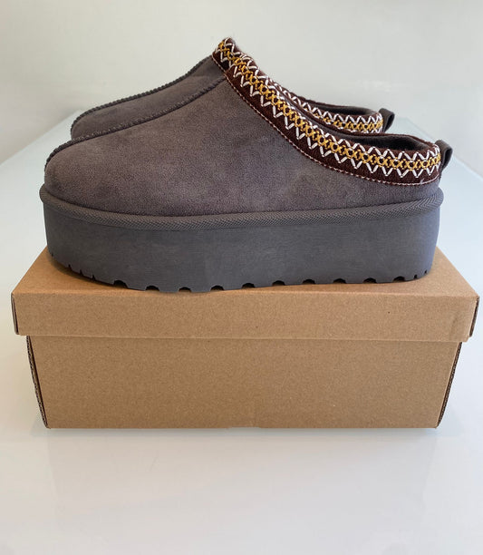 ‘Swag’ Grey Fur Lined Platform Slippers