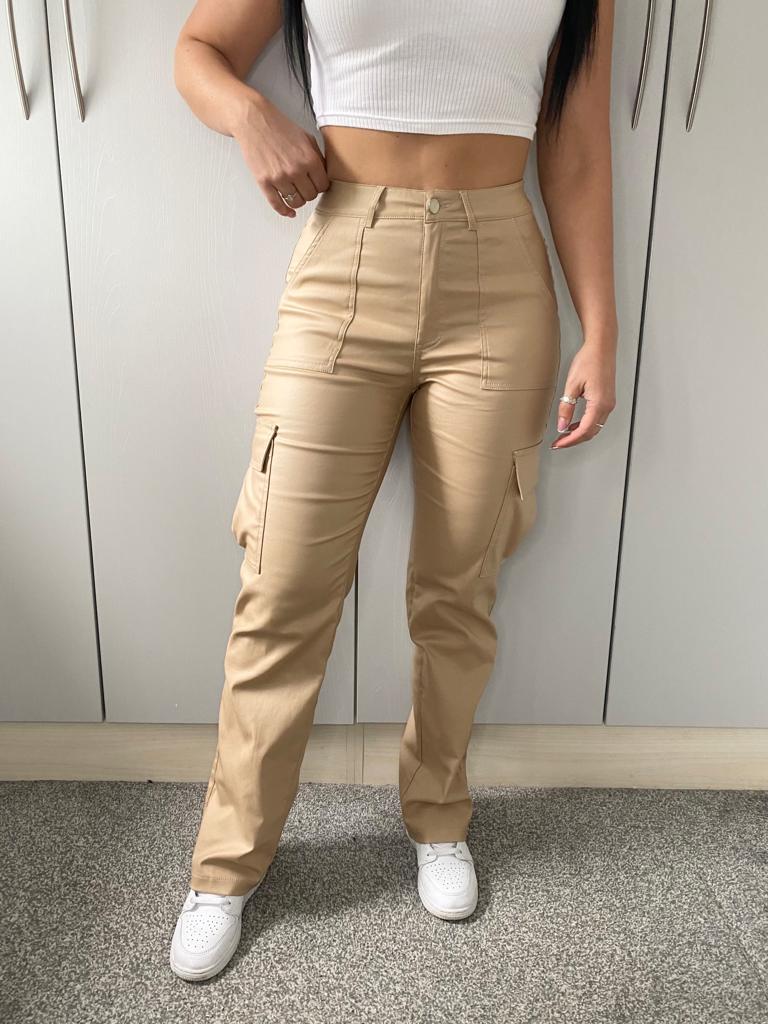 ‘Lara’ Faux Leather Nude Cargos