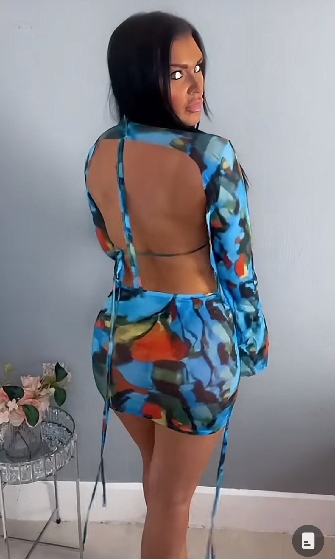 ‘Marble’ Three Piece Mesh Long Sleeve Drape Top with Bra & Skirt