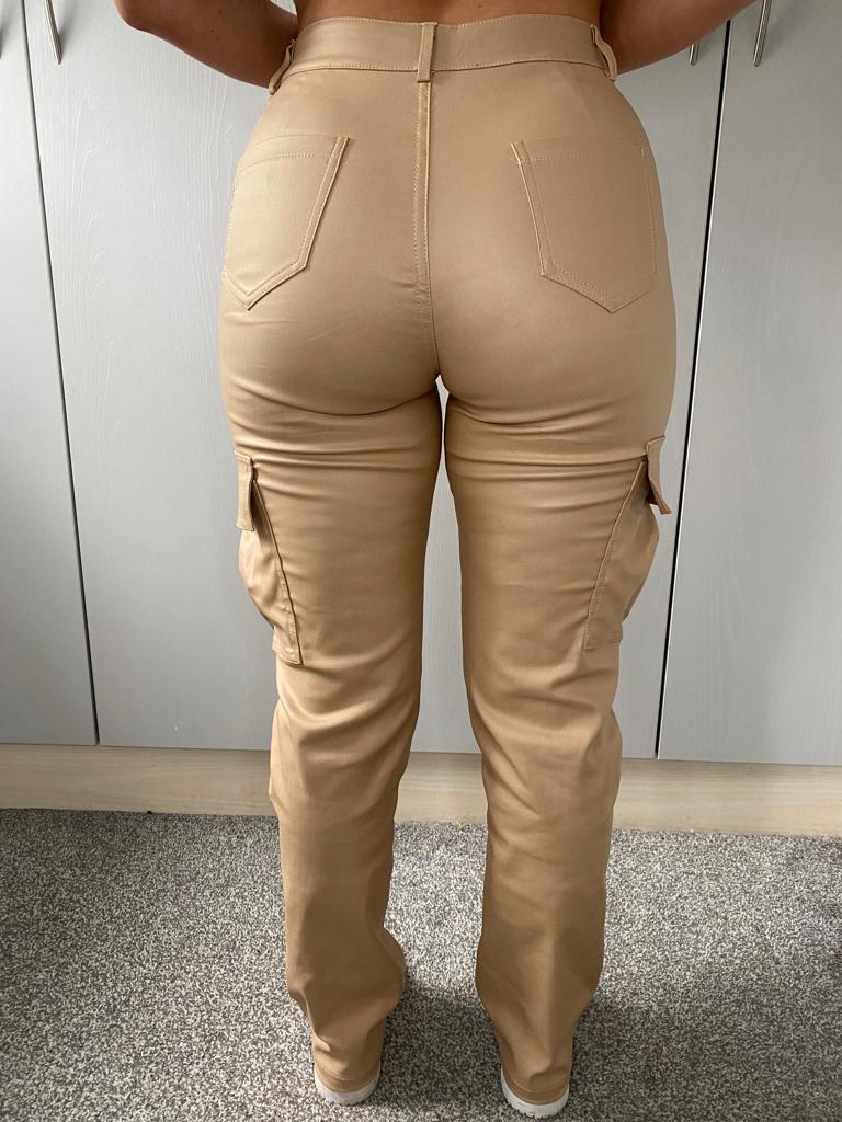 ‘Lara’ Faux Leather Nude Cargos