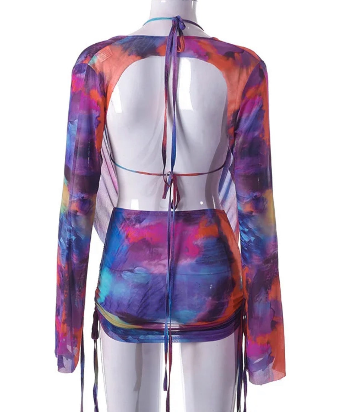 ‘Marble’ Three Piece Mesh Long Sleeve Drape Top with Bra & Skirt