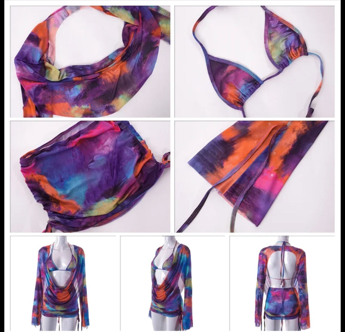 ‘Marble’ Three Piece Mesh Long Sleeve Drape Top with Bra & Skirt